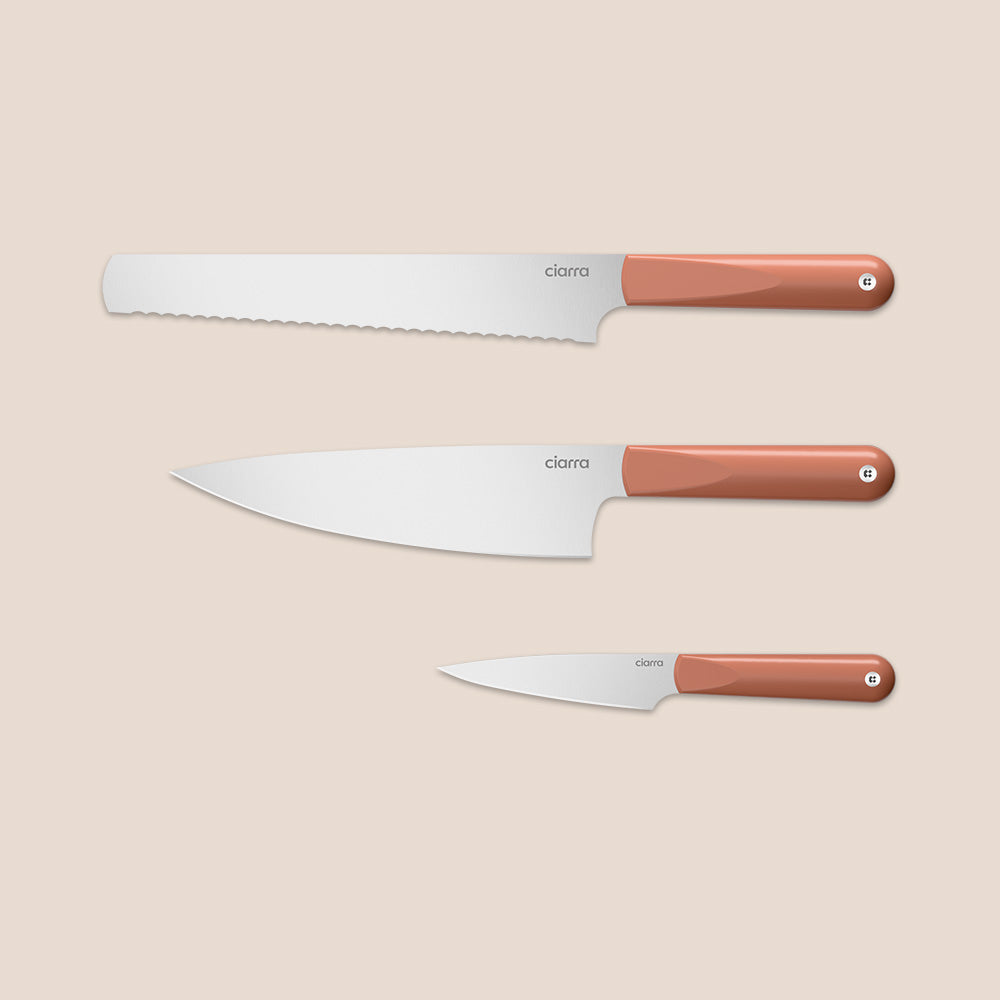 Gadgets Premium 3-Piece Beyond Trio Knife Set with Bread Knife, Chef Knife, Paring Knife, Stainless Steel Blade for Precise Cutting, Ergonomic Handles, Essential Kitchen Knife Set - Orangina