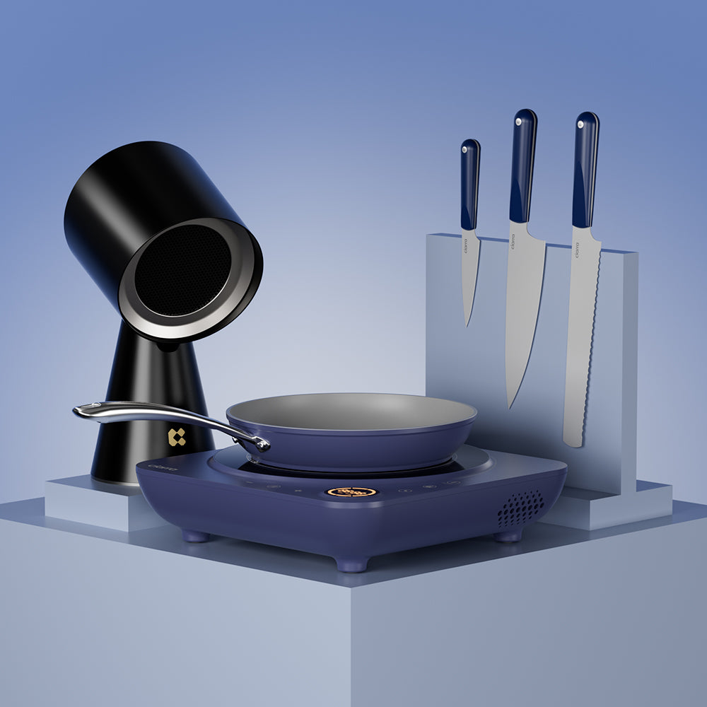 Kitchen Cook Set: Donut Portable Induction Cooktop & 3-Piece Beyond Trio Knife Set & Frying Pan & Portable Range Hood